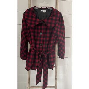 Pendleton Buffalo Plaid Check Coat Red Black Button Front Belted Size 14